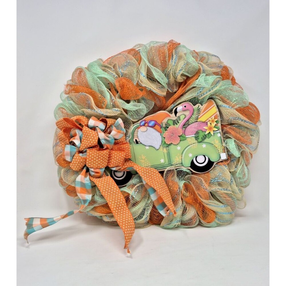 Beach Gnome Wreath Large Deco Mesh Front Door Flamingo Surf Truck Decoration